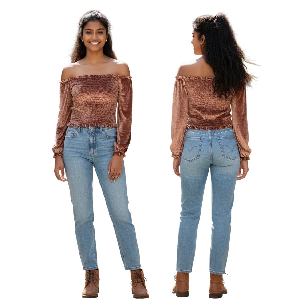 Elodie XL Copper Velvet Smocked Off The Shoulder Crop Top Long Sleeve Rust. Glam